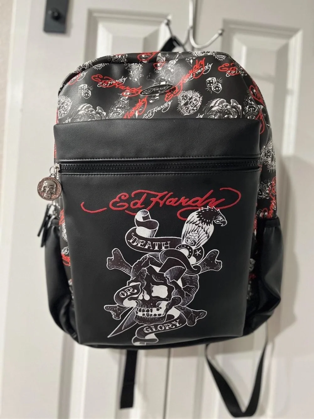Ed Hardy Black Backpack with Red & White Graphic Skull